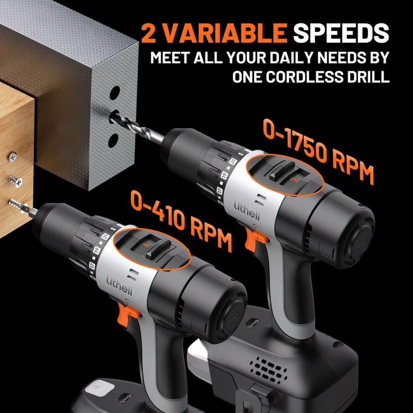 Litheli 20V Cordless Drill Driver, Electric Power Drill with 2 Variable Speed Settings, 1/2 Inch Keyless Chuck, 21+1 Clutch Settings with Maximum Torque of 443 In-lbs (Charger not Included)