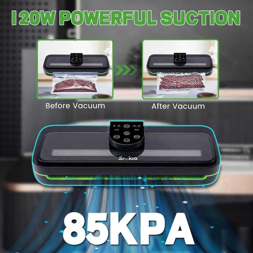 85kpa Food Vacuum Sealer Machine,Vacuum Sealer For Food with Cutter, Full Automatic Bag Sealer,Dry Moist Fresh Modes,10 Pre-cut Bags and Accessory Hose,Black