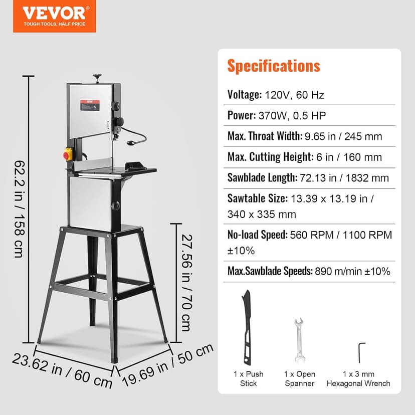 VEVOR Band Saw with Stand, 10-Inch, 560 & 1100 RPM Two-Speed Benchtop Bandsaw, 370W 1/2HP Motor with Metal Stand Optimized Work Light Workbench Fence and Miter Gauge, for Woodworking Aluminum Plastic