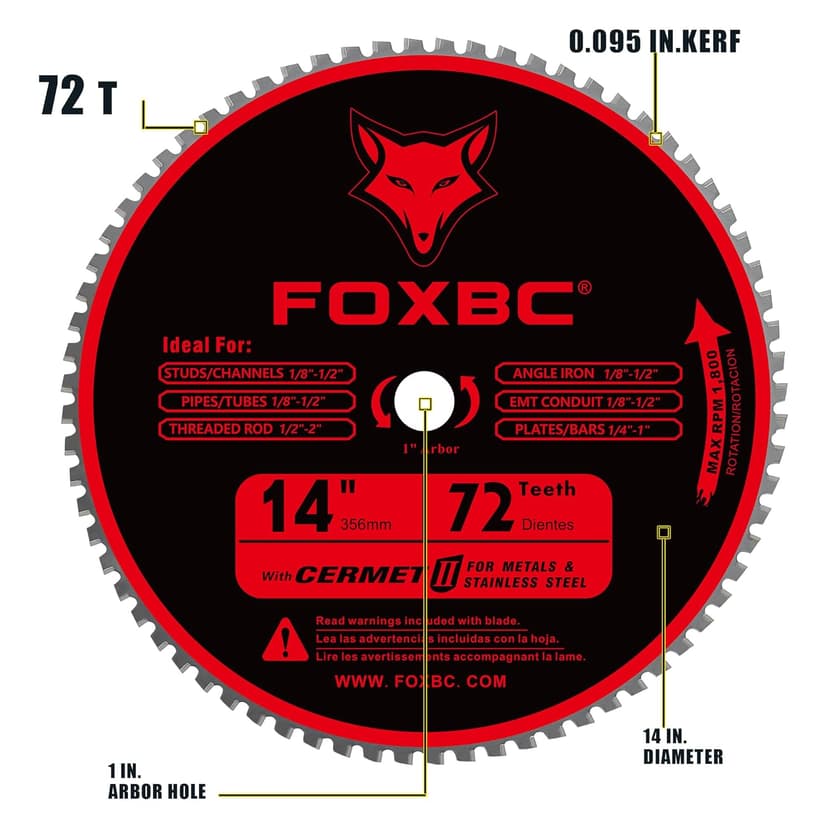 FOXBC 14 Inch Metal Steel Cutting Saw Blade 72 Tooth for Evolution 14 Inch Chop Saw and Other, Cermet Carbide Up to 5X Longer Life