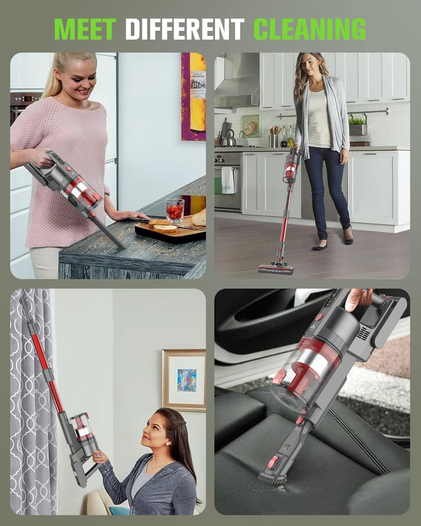 Cordless Vacuum Cleaner, 85,000PRM Upgraded Dual Suction Cordless Stick Vacuum up to 35mins Runtime, Lightweight Rechargeable Vacuum for Home (Bright Red)