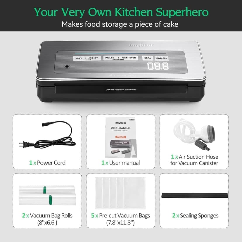 Vacuum Sealer Machine, 90kPa 120W Powerful Food Sealer Build-in Cutter and Bag Storage, Digital Countdown Display, Dry&Moist Mode, Wide Seal, 2 Bag Rolls & 5 Pre-Cut Bags for Food Saver (Silver)