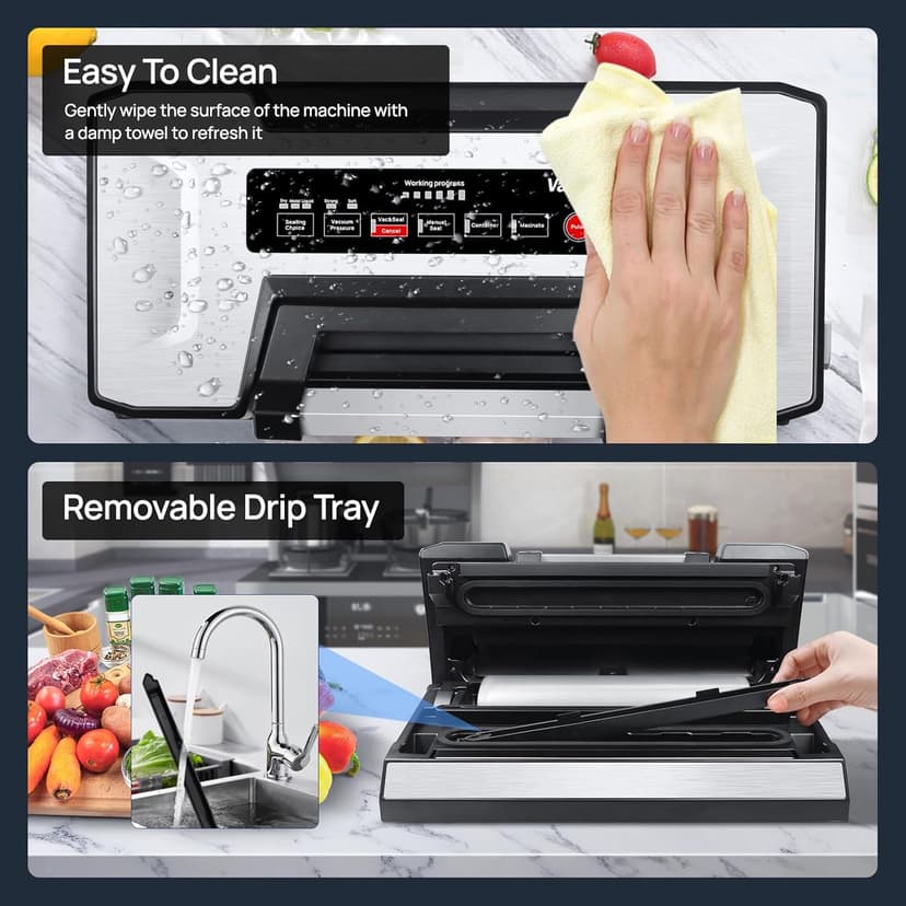 Liquid Vacuum Sealer Machine, 90Kpa Vacuum Sealer Machine Preservation Dry/Moist/Liquid Modes, LED Indicator Light, Handle Locked Design, Built-in Cutter and Bag Storage, Removable Drip Tray