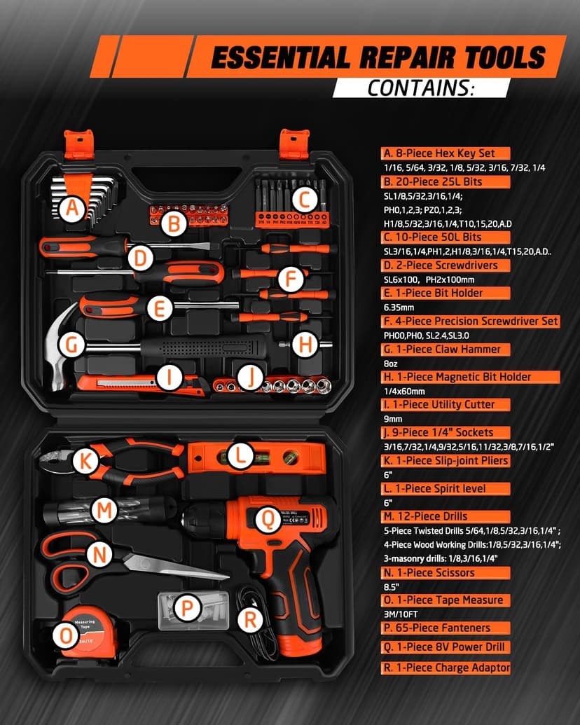 139-Piece Tool Set - Tool Kit with 8V Cordless Drill Driver in ToolBox Storage Case, General Household Drill Set for Home Repairs, Handyman, DIY Projects