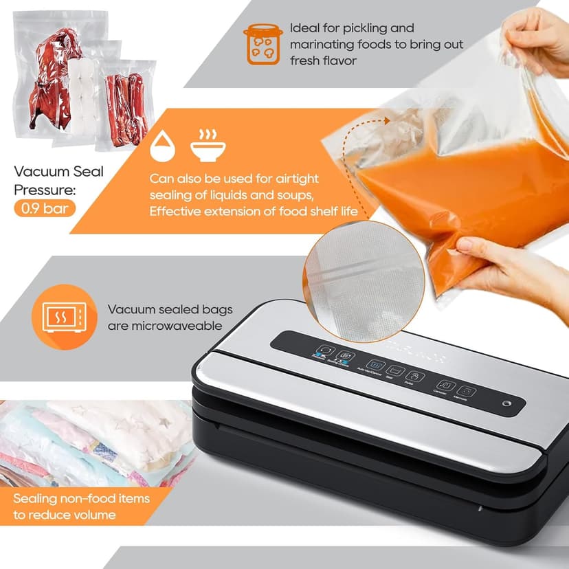 2025 Updated Stylish design Precision Vacuum Sealer Machine Pro for Food Saver, Concealed Handle 90Kpa Vacuum Sealers for Sous Vide,Liquid Food/Build with Cutter/Large Bag Storage/2 Bag Rolls