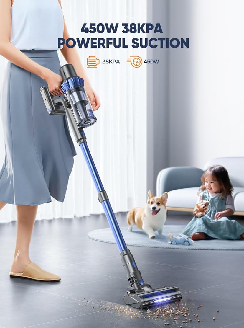 Cordless Vacuum Cleaner, 450W 38KPA Stick Vacuum with Intelligent Auto Mode, Color Touch Display, Up to 55Mins, Rechargeable Cordless Vacuum for Hardwood Floor Carpet Pet Hair, Blue
