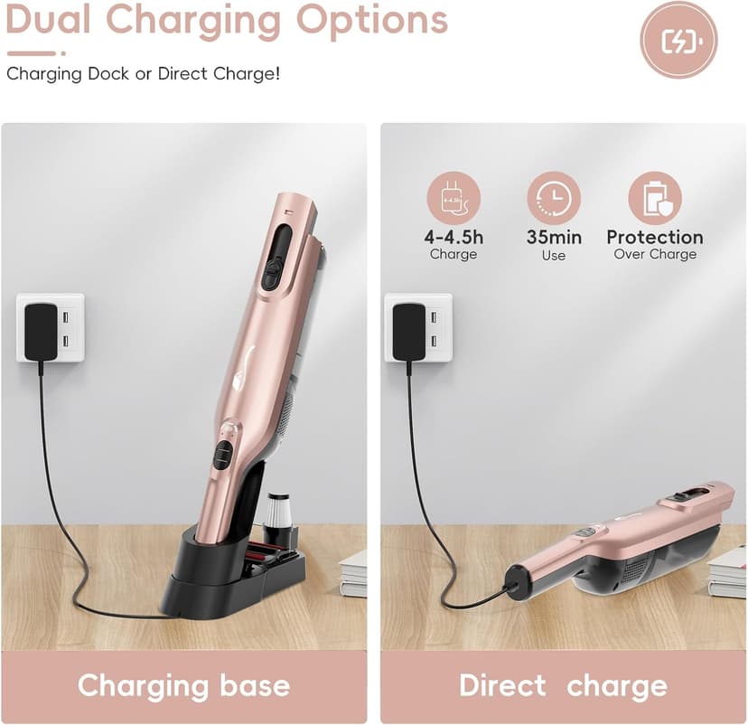 Cordless Handheld Vacuum, Lightweight Portable Hand Vacuum Cleaner with LED Light,Rechargeable Hand Held Vacuum with Charging Dock, Powerful Suction for Office, Home,Car, Rose Gold