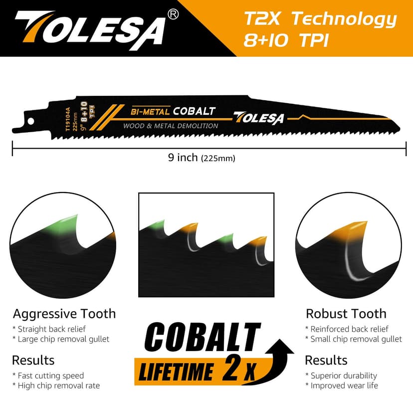 TOLESA Metal Wood Demolition Reciprocating Saw Blades 9 Inch 8+10TPI Sawzall Blades for Steel Pipe Cutting, Drywall, Chipboard, Glass Fiber-Reinforce Plastic and Composite Materials Demolition 5 Pack