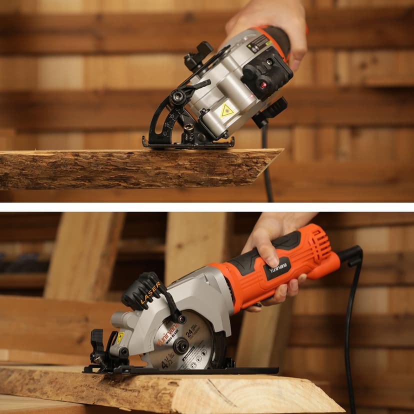 4Amp 3500RPM Mini Circular Saw with Laser Guide, Vacuum Adapter, Blade Wrench and Rip Guide, Max. Cutting Depth1-5/8"(90°), 1-1/10"(45°）Compact Saw with 2 pcs 4-1/2" 24T TCT Blades