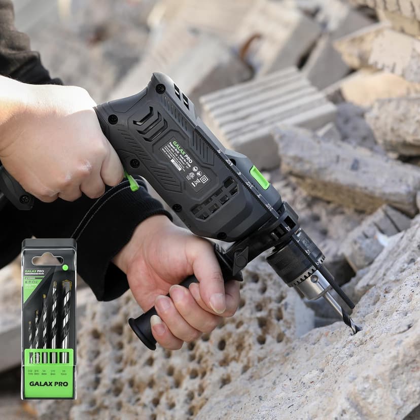 GALAX PRO 4.5Amp 0-3000RPM Corded Hammer Drill, 5pcs Bit, Hammer and Drill 2 Functions in 1 with 12 Variable Speed, 1/2 Inch Keyed Metal Chuck, 360°Rotating Handle