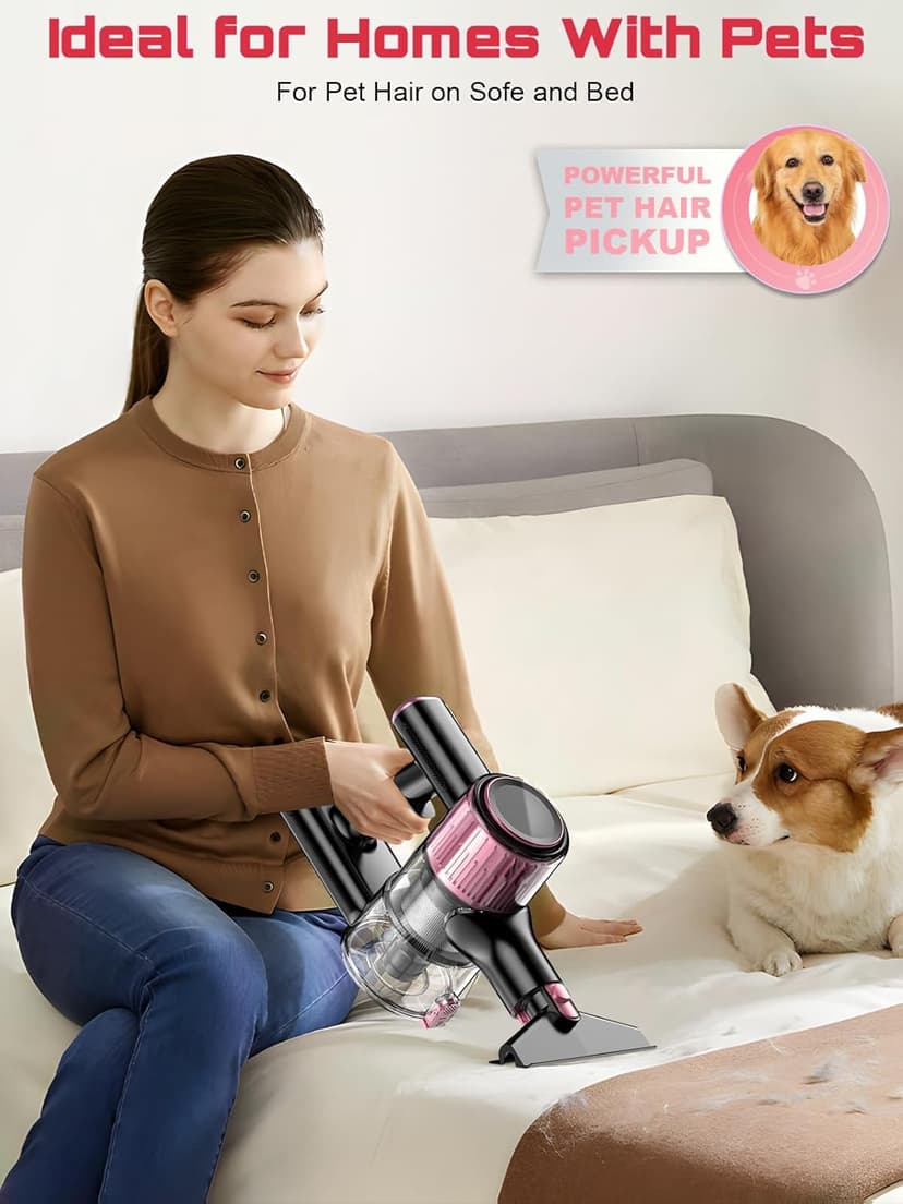 Cordless Vacuum Cleaner, 10 in 1 Stick Vacuum with Powerful Suction, Hose, Green LED Light, Anti-Tangle Brush, Lightweight Rechargeable Vacuum Cleaner for Home, Hardwood Floors, Carpets, Pet Hair,Pink