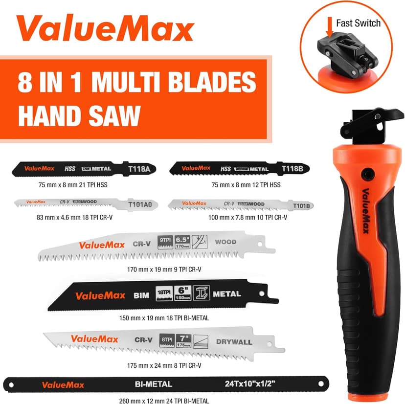 Valuemax 8-In-1 Multi-Blades Hand Saw, Quick-Change Mechanism Hacksaws with TPR Handle, CRV & Bimetal Blades, Drywall/Jab Saw, Handsaws for Wood, Metal, Plastic and Plywood