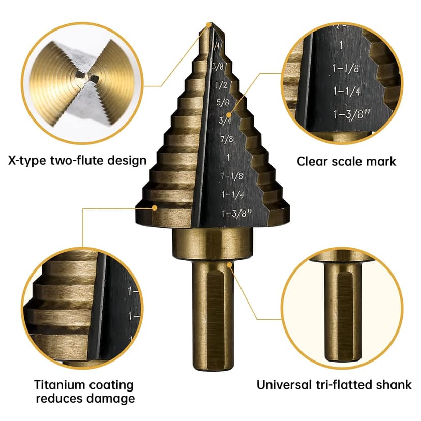 Step Drill Bits, 5PCS HSS Titanium Step Drill Bit Set, 50 Sizes High Speed Steel Step Bits for Metal with Aluminum Case