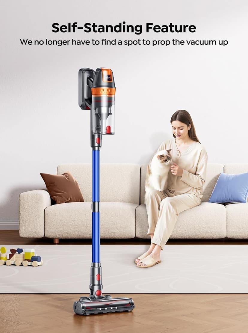 Cordless Vacuum Cleaner, 600W 45KPA with Upholstery Cleaning Tool, Stick Vacuum Cleaners for Home 60 Mins Runtime, Self-Standing, Wall Mount Charging, Rechargeable Vacuum for Floor Carpet Pet Hair
