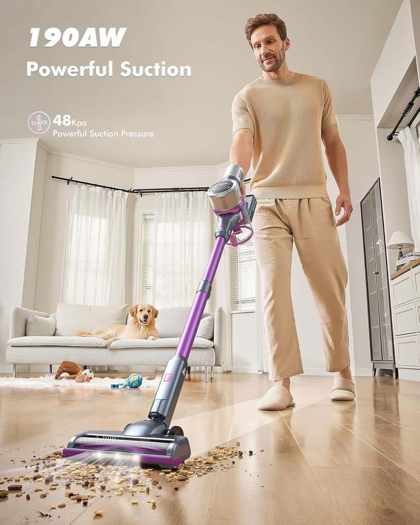 48kPA Cordless Vacuum Cleaner, 190AW Powerful Suction, Max 60min Runtime, 4000mAh Large Battery, Anti Hair Wrap Stick Vacuum, Vacuum Cleaners for Home, Pet Hair, Hard Floors and Carpets, Cars