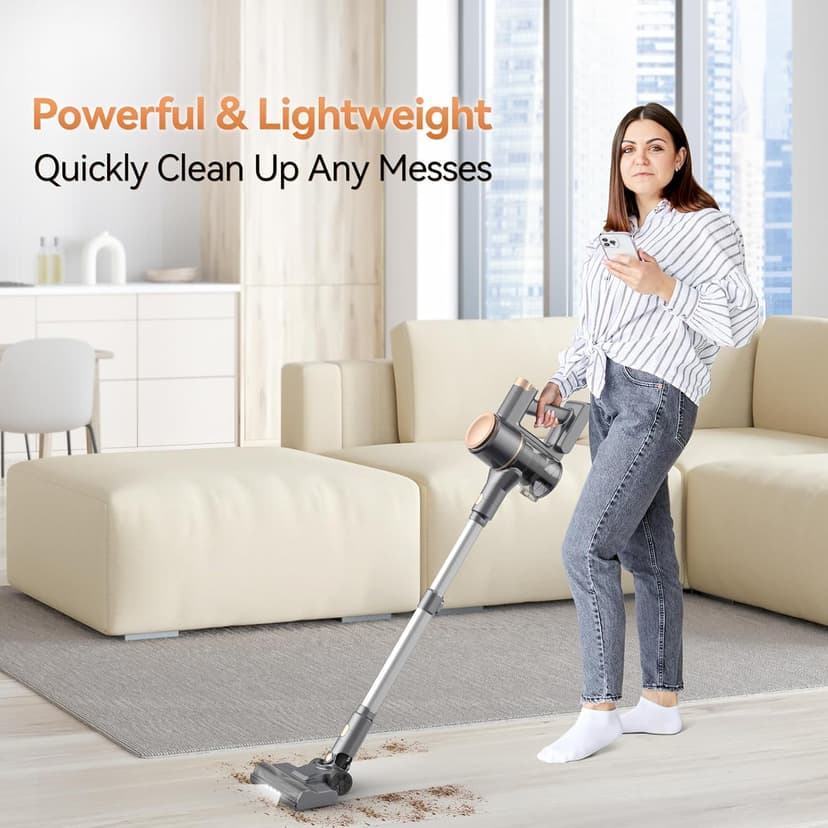 N8 Cordless Vacuum Cleaner, Lightweight Stick Vacuum with Powerful Suction, 2200mAh Battery, 40 Mins Runtime, Self-Standing, Rechargeable Vacuum Cleaners for Home Hardwood Floor Carpet Pet Hair (Gold)