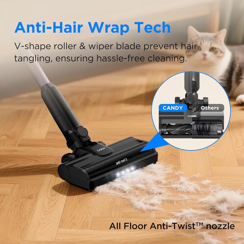 CANDY™ Cordless Vacuum Cleaner,3-in-1 Ultra-Light 4.8lb Vacuum, Anti-Hair Wrap,12-45Min Runtime,Powerful Suction,180° Flat,150° Left Right Swivel,HEPA Filtration for Carpets, Hard Floors & Pet Hair