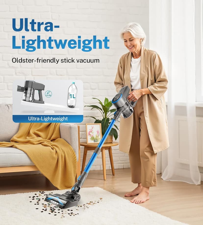 DEVOAC Cordless Vacuum Cleaner, Ultra-Lightweight Stick Vacuum, 2200mAh Battery Up to 40mins Runtime, 6 in 1 Powerful Handheld Vacuum for Home Hard Floor Carpet Pet Hair (Sky)