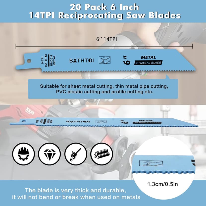 20 Pack 6 Inch 14 Tpi Reciprocating Saw Blades for Sheet Metal, Pipes, PVC Plastic, Profiles Cutting, Bi-Metal Sawzall Blades with 8% Cobalt for Longer Life and Faster Cutting Speed