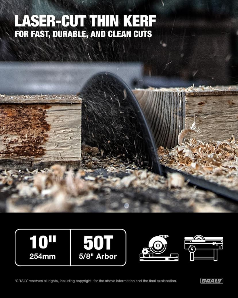 CRALY 10 Inch 50 Teeth Combination Saw Blade, 5/8 Inch Arbor Carbide Tipped Circular Saw Blade, Thin Kerf, Black Ice Coating, for Cutting Wood & Wood Composites with Table Saw, Miter Saw(C1050CT)