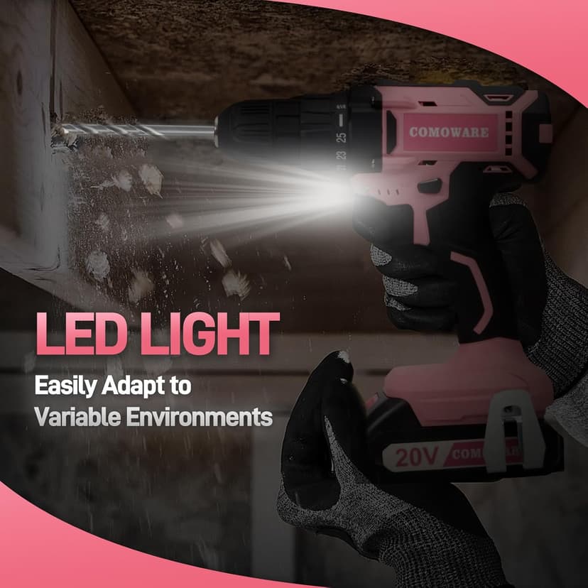 COMOWARE Cordless Drill Set, 20V Pink Power Drill Set for Women, 1 Battery & Charger, 3/8" Keyless Chuck, 2 Variable Speed, 266 In-lb Torque, 25+1 Position, with Pink Storage Bag