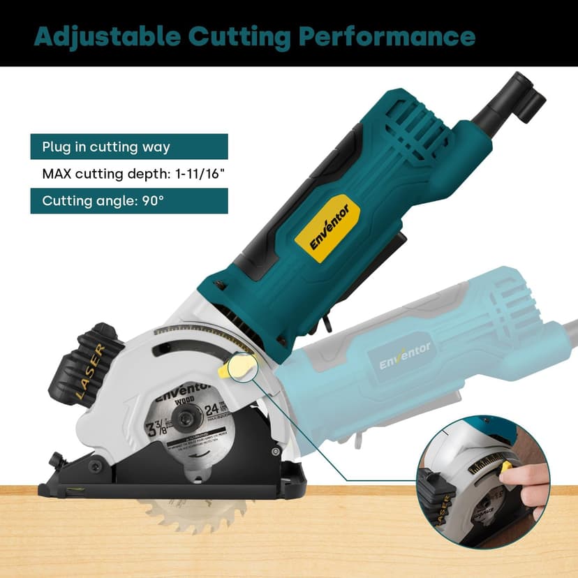 Enventor Mini Circular Saw, 4.8A Electric Circular Saws Corded with Laser Guide, 4000RPM, 3 Saw Blades 3-3/8" Max Cutting Depth 1-1/16", Compact, Power for Wood, Soft Metal, Tile, Plastic
