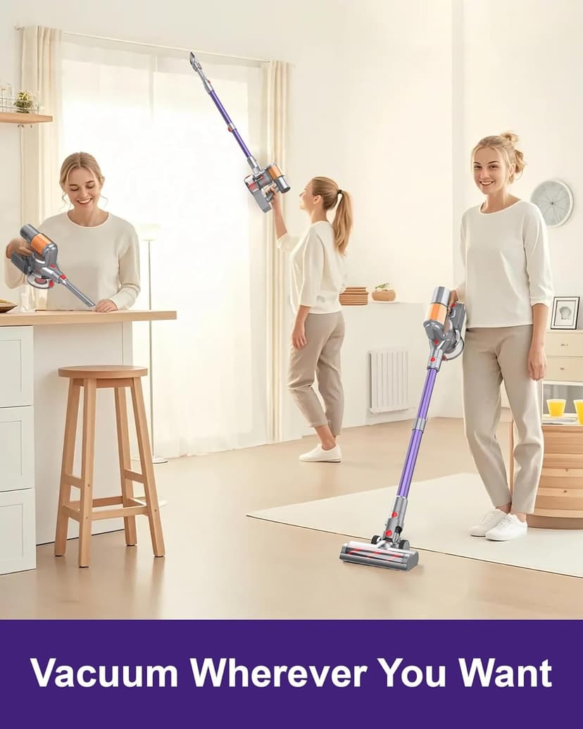 Cordless Vacuum Cleaner, 2 Batteries 120 Mins Runtime, 550W 45KPA Stick Vacuum with Self-Standing, Tangle-Free Brush, LED Display, Vacuum Cleaner for Home Hardwood Floor, Carpet, Pet Hair