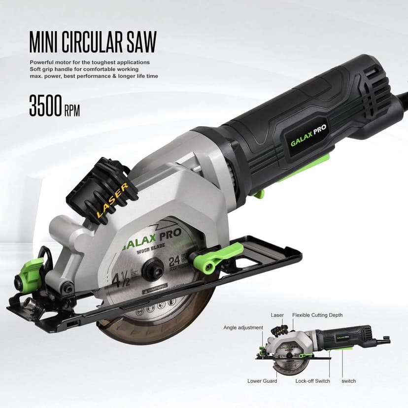 GALAX PRO 4Amp 3500RPM Circular Saw with Laser Guide, Max. Cutting Depth1-11/16"(90°), 1-1/8"(45°）Compact Saw with 4-1/2" 24T TCT Blade, Vacuum Adapter, Blade Wrench, and Rip Guide