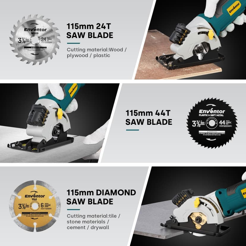 Enventor Mini Circular Saw, 4.8A Electric Circular Saws Corded with Laser Guide, 4000RPM, 3 Saw Blades 3-3/8" Max Cutting Depth 1-1/16", Compact, Power for Wood, Soft Metal, Tile, Plastic