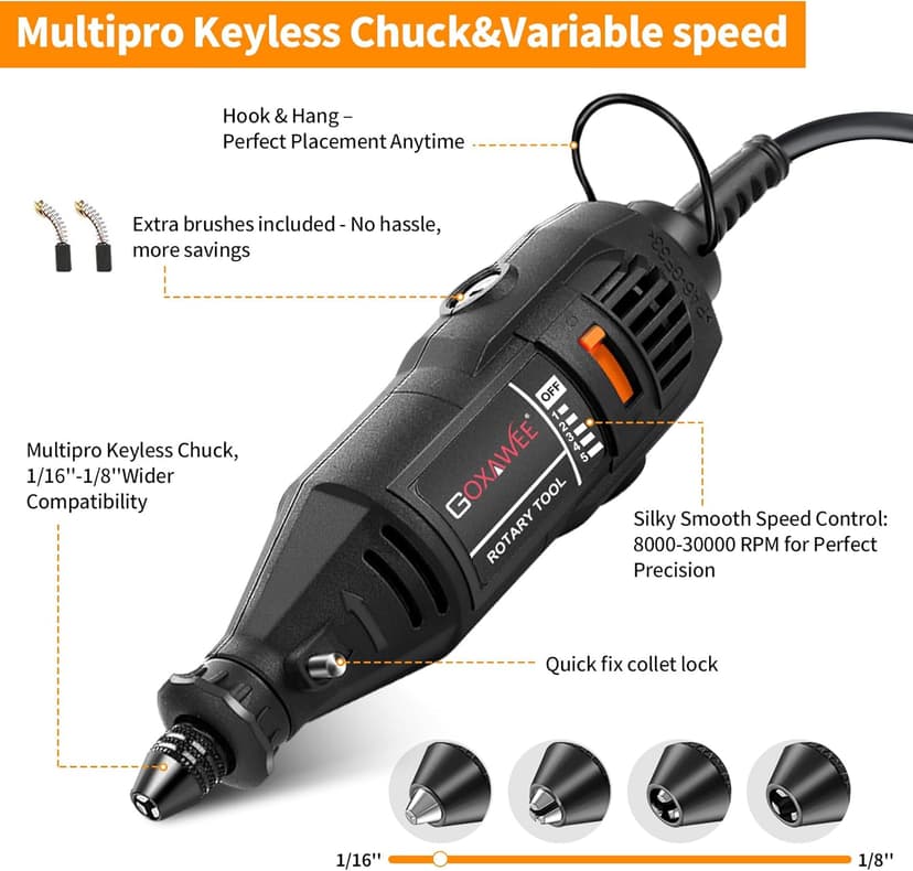 GOXAWEE Rotary Tool Kit with MultiPro Keyless Chuck and Flex Shaft -140pcs Accessories Variable Speed Electric Drill Set for Handmade Crafting Projects and DIY Creations