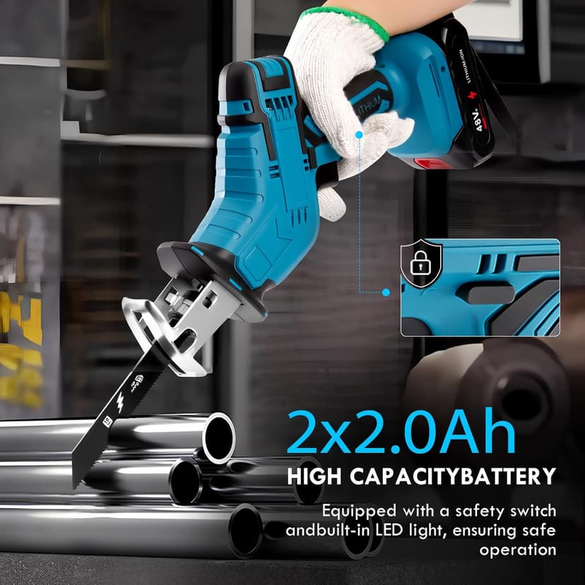 Reciprocating Saw Cordless, Variable Speed 3000 RPM Brushless Motor with 8 Saw Blades, 2 x 2.0Ah Batteries, LED Light, Tool‑Free Blade Change, Portable for Wood PVC Cutting