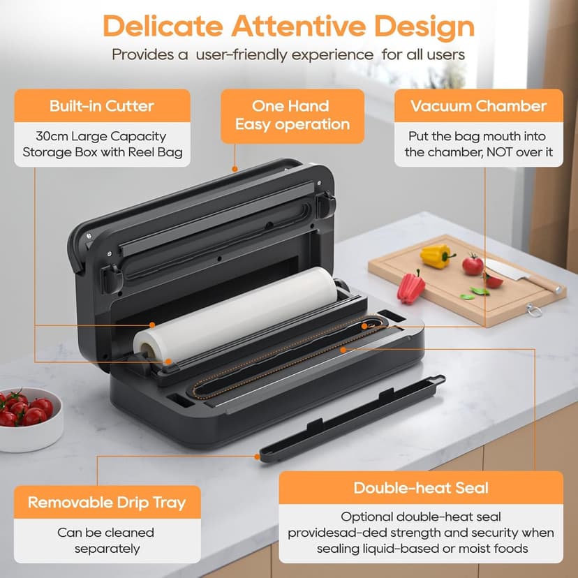 2025 Updated Stylish design Precision Vacuum Sealer Machine Pro for Food Saver, Concealed Handle 90Kpa Vacuum Sealers for Sous Vide,Liquid Food/Build with Cutter/Large Bag Storage/2 Bag Rolls
