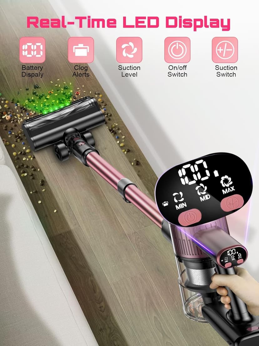 Cordless Vacuum Cleaner, 10 in 1 Stick Vacuum with Powerful Suction, Hose, Green LED Light, Anti-Tangle Brush, Lightweight Rechargeable Vacuum Cleaner for Home, Hardwood Floors, Carpets, Pet Hair,Pink
