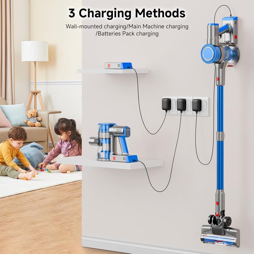 Cordless Vacuum Cleaner for Home, Powerful Stick Vacuum Cleaner with Rechargeable Battery, 6 in 1 Lightweight Handheld Vacuum, 45 Mins Runtime Cordless Vacuum for Hardfloor & Carpets Pet Hair,Blue