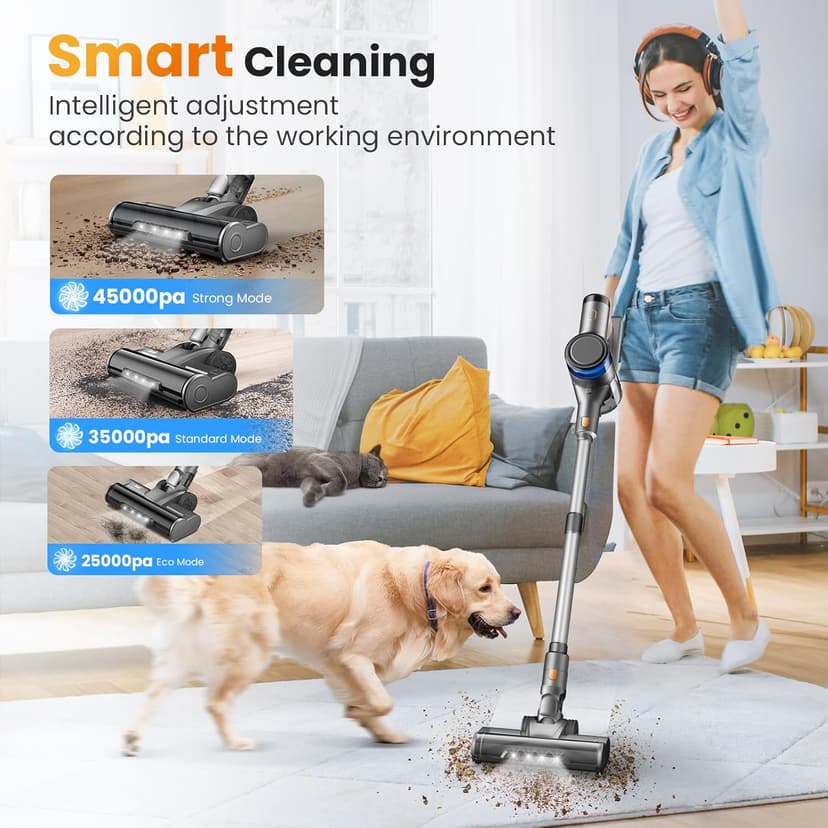 Dzaki Vacuum Cleaners for Home, 400W 45KPa 55 Mins Runtime Cordless Vacuum Cleaner, Smart Induction Auto-Adjustment Stick Vacuum, Rechargeable Battery Vacuum Cordless for Carpet Floor Pet Hair (Gray)