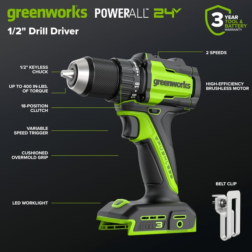 Greenworks 24V Cordless Brushless 4PCs Combo, 400 in-lbs Drill/Driver+1950 in-lbs Impact Driver +6.5" Circular Saw +200LM Flashlight, 2.0Ah+4.0Ah Batteries (24,000mAh Power Bank) 65W USB-C Charger