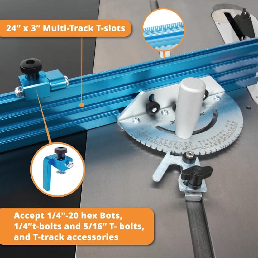 POWERTEC 71391 Table Saw Precision Miter Gauge System w/ 27 Angle Stops and 3/4”x 3/8”T-Slotted Miter Bar w/Removable T-Slot Plate; Includes 24”x 3” Multi T–Track Fence w/Scale, T-track Flip Stop
