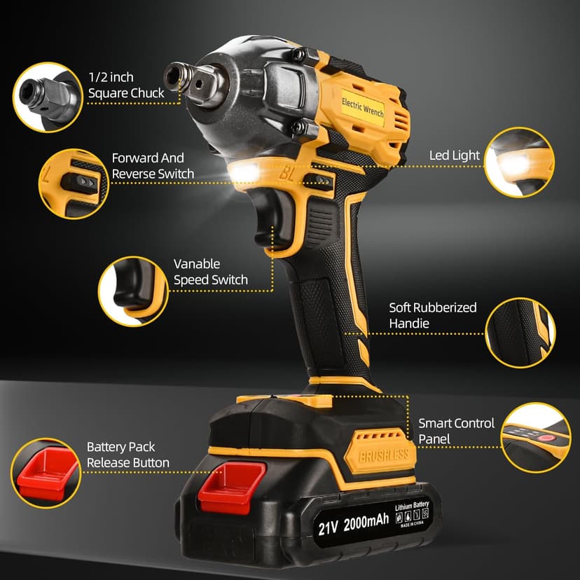 Cordless Impact Wrench, 21V Torque Power Impact Driver, 1/2" Power Impact Wrenches with 2 * 2.0Ah Batteries with 19 Accessories, Electric Impact Motor Variable Speeds for home installation (Yellow)
