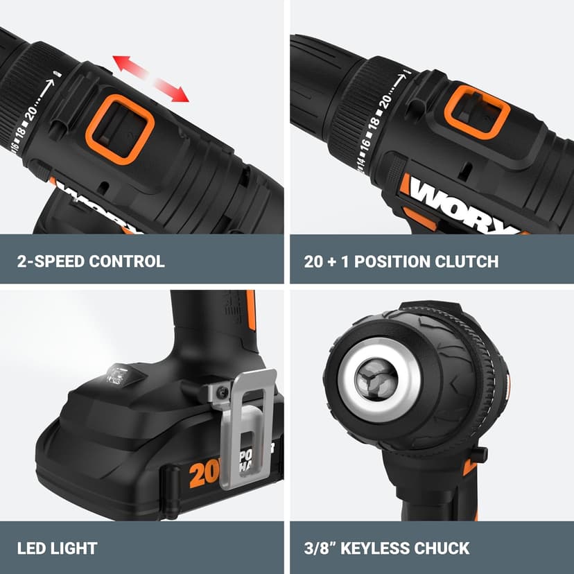 Worx 20V Cordless Drill Driver, 84pc Accessory Kit, Variable 2-Speed, 265 In-Lbs Torque, 20+1 Clutch, Lightweight, Compact, 3/8-Inch Keyless Chuck - Battery & Charger Included