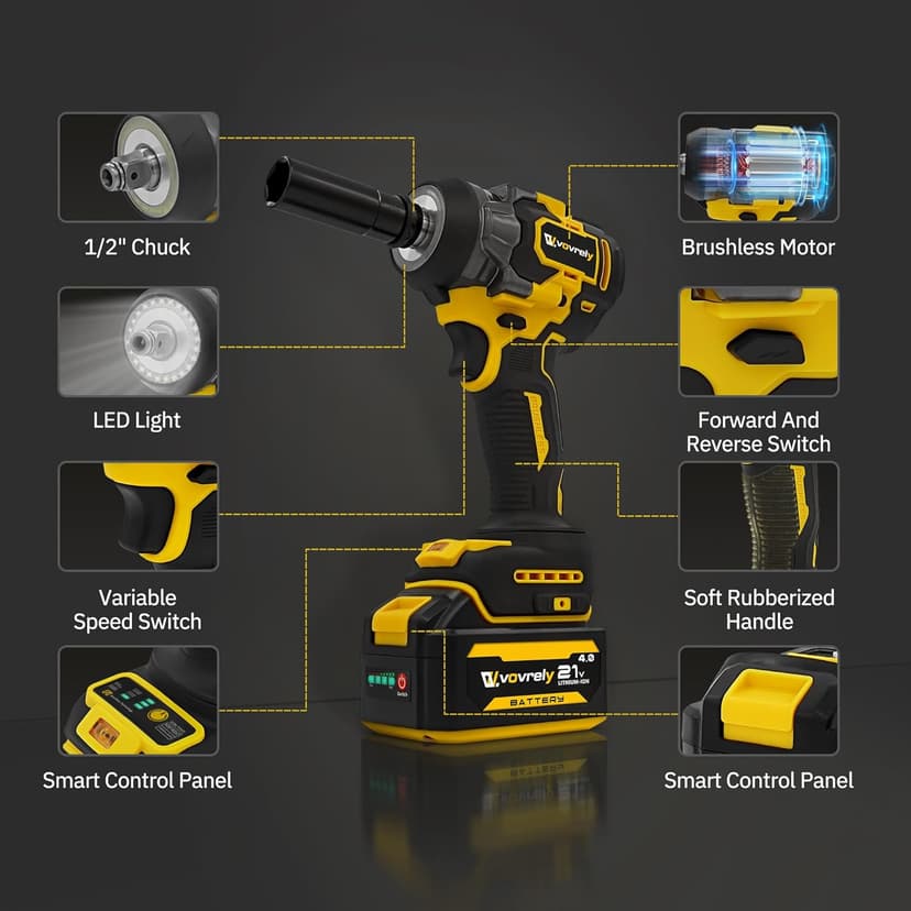 Cordless Impact Wrench 480 Ft-lbs(650N.m) High Torque 1/2 Inch, 3300RPM Brushless Electric Impact Gun, 2 * 4.0Ah Battery 4 Sockets 19 Drill Bits, 3 In 1 Impact Wrench for Car Home DIY