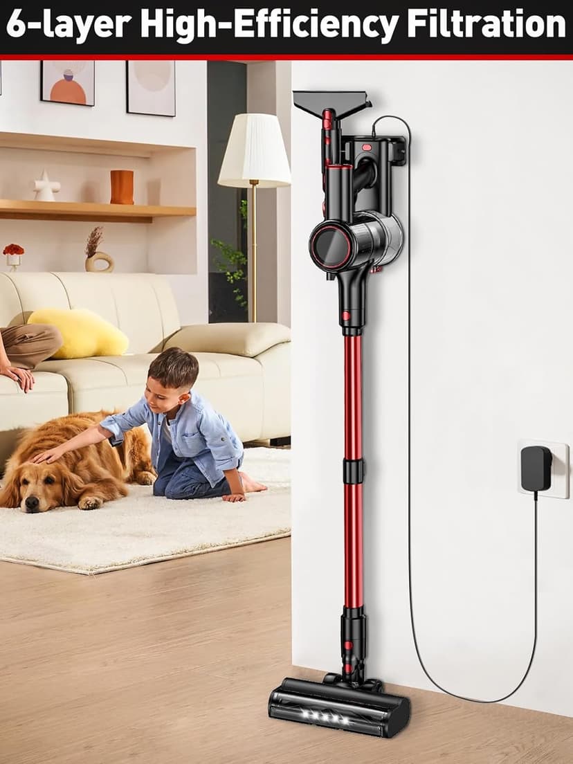 Cordless Vacuum Cleaner, 8-in-1 Vacuum Cleaners for Home, 45Mins Runtime, Anti-Tangle Stick Vacuum with LED Display, Rechargeable Lightweight Vacuum for Pet Hair/Carpet/Floor (Red)