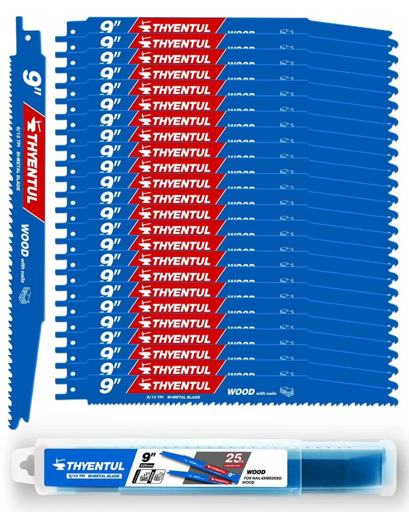 25 Pack 9 in Stud and Nail Sawzall Blades,Demo Demon Bi-Metal Demolition Reciprocating Saw Blade for Nail-Embedded Wood Cutting, Garden Pruning, Tree Trimming（6/12TPI）