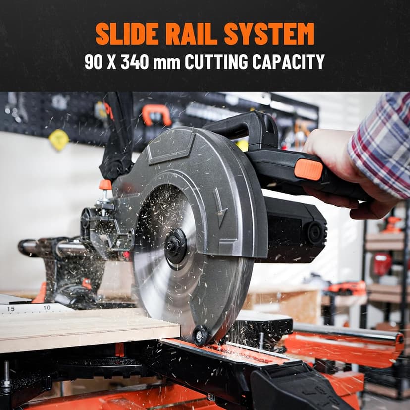 Updated 10-Inch Sliding Miter Saw, Multi-Material Cutting w/ 3 x TCT Blades, Ambidextrous Operation, 5000/3200RPM Speed, Laser Guide, 0-45° Bevel Cut, Max Cut 3.5x13.4in, 9 Positive Stops