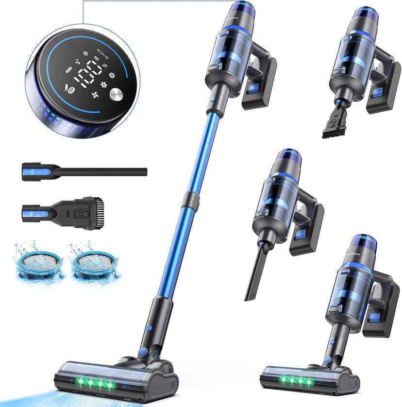 V25 Cordless Vacuum Cleaner, 680W 60Kpa Powerful Stick Vacuum with Dust Sensor, Digital Display, 4000mAh Rechargeable Battery up to 60Mins, Versatile for Pet Hair, Floor, Carpet (Sapphire)