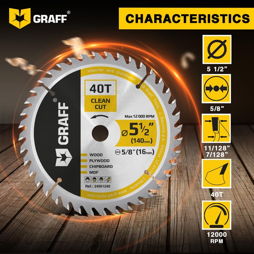 5-1/2" Wood Cutting Circular Saw Blade - Chop Saw Blade for Plywood, MDF, Drywall & Plastic 40T TCT Blade for Circular Table Miter & Cordless Saws 5/8-Inch Arbor Burr-Free No Heat No Sparks GRAFF