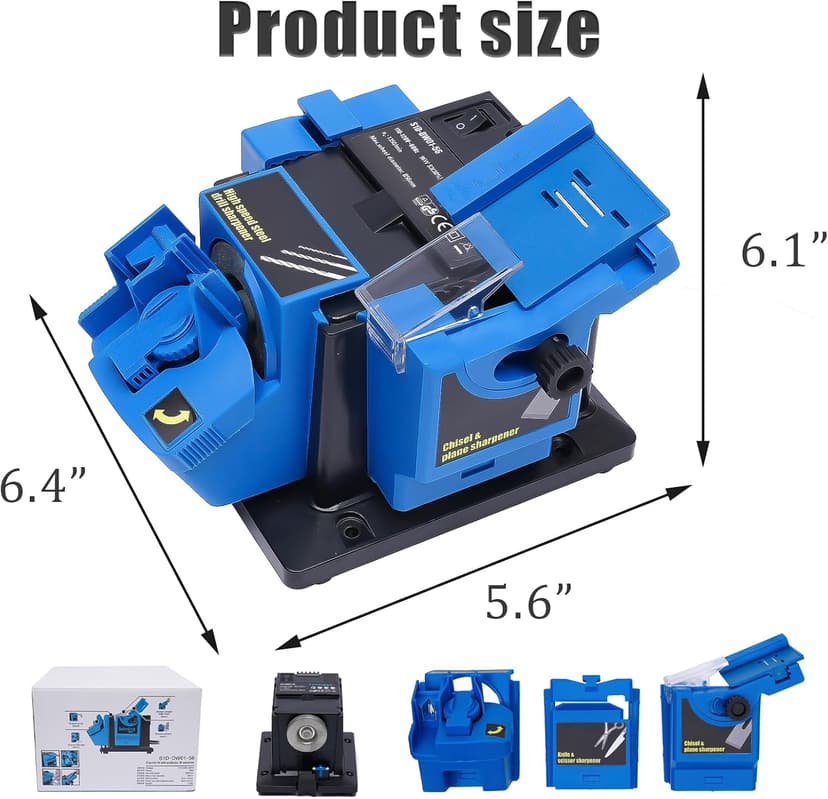 Electric Drill Bit Sharpener, 3-in-1 Multifunction Electric Sharpening Machine for Knife, drill, Chisel, Scissor, 110V, Grinder with Adjustable Angles, 96W, 1350rpm, Compact Design