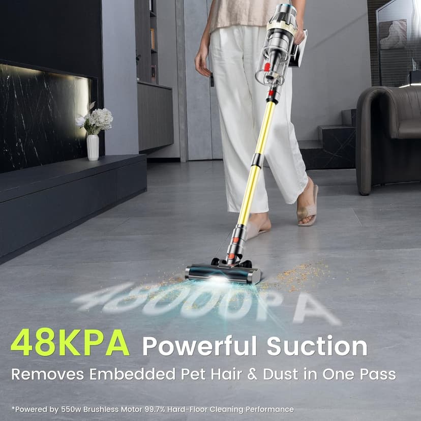 Cordless Vacuum Cleaner, 550W/48Kpa Self-Standing Vacuum Cleaners for Home, up to 70 mins Run Time, Powerful Suction with Touch Screen, Stick Vauum Cleaner for Pet Hair,Carpet,Hardwood Floor
