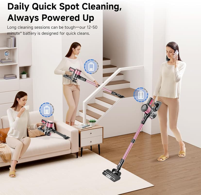Cordless Vacuum Cleaner, 8 in 1 Powerful Stick Vacuum with 45min Runtime, Anti-Tangle Vacuum Cleaners for Home, Lightweight Handheld Wireless Vacuum for Hardwood Floor Carpet pet Hair, Rose