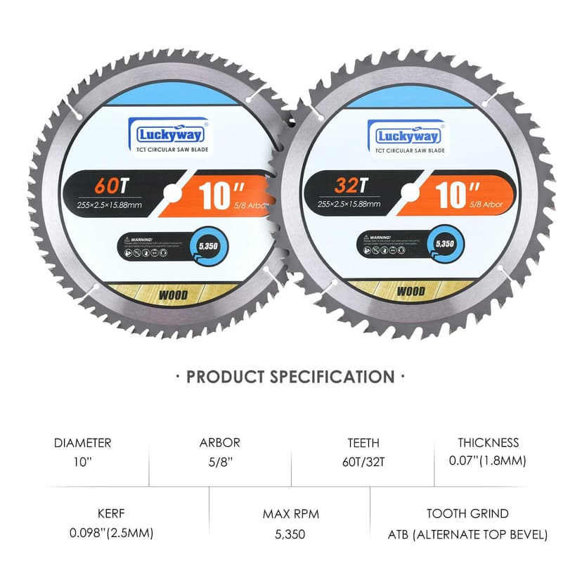 Luckyway 10 Inch Table Saw Blade/Miter Saw Blade for Ultra-Nice Wood Cutting in Construction, Two Pack of 60-Tooth & 32-Tooth