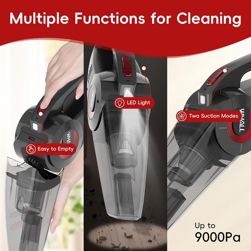 whall Handheld Cordless Car Vacuums, Wet and Dry Use 9000Pa Strong Suction Vacuums, Rechargeable Portable Vacuum Cleaner with LED, Charging Dock, Lightweight Mini Vacuum for Car, Home and Office, Red